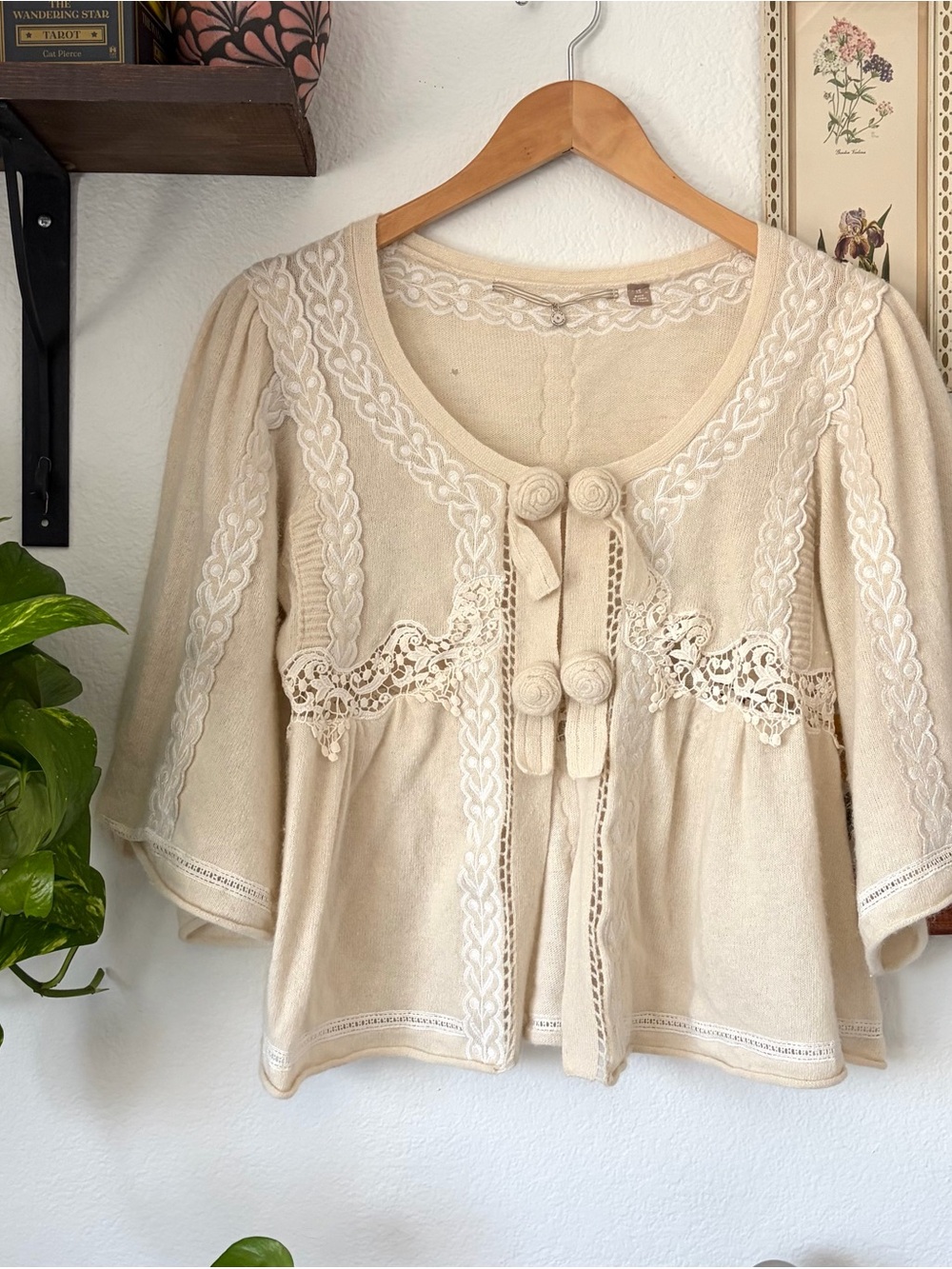 Knitted and Knotted Cream Lace-Trim Peasant Top Cashmere Wool Angora XS